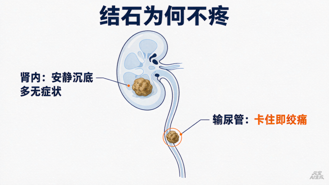 图1 结石在肾内安静沉底 vs 卡入输尿管引发绞痛(示意)