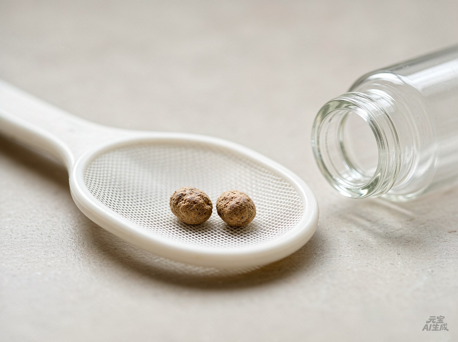 医用滤网中留取的两颗浅褐色结石标本特写