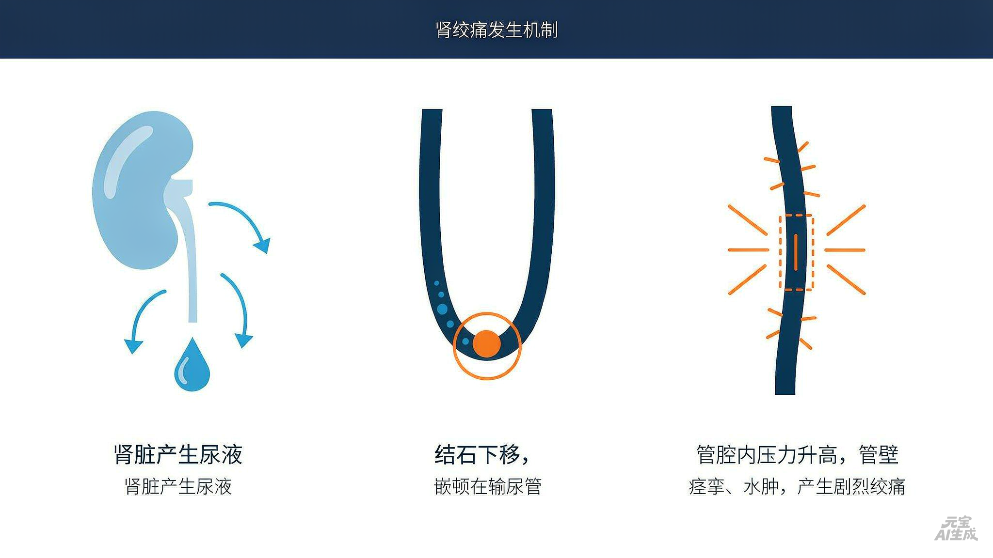 图2 肾绞痛发生机制:产尿→结石卡管→管内高压+管壁痉挛